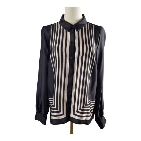 NEW Halogen Small Geo Boxed Black and White Striped Shirt Button-Up Retro Casual - Picture 5 of 15